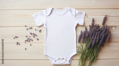 White baby bodysuit mock-up with lavender plant on a wooden background.Mockup for design. photo