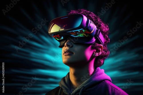 Young man wearing virtual reality goggles on black and abstract background, Future technology concept. ai generative photo