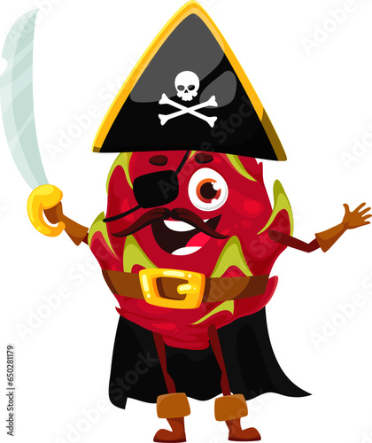 Cartoon funny Halloween dragon fruit character in pirate holiday costume. Isolated vector comical pitahaya corsair personage wear swashbuckling outfit, brings fruity hilarity to the spooky festivities