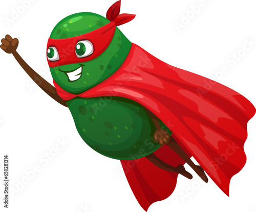 Cartoon Mexican avocado superhero character flying in power cape, vector emoji emoticon. Kids funny avocado super hero or rescue ranger in red mask for cute kawaii personage