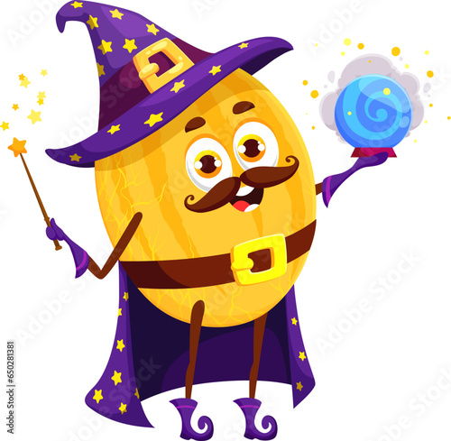 Cartoon funny Halloween melon fruit character in holiday costume of wizard. Isolated vector whimsical sorcerer personage wields a crystal ball, casting magic fruity spells ready to predict future