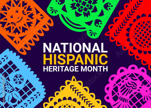 Papel picado paper cut flags on national hispanic heritage month banner. Vector background adorned with colorful garland, announcing annual event which celebrate rich culture of Spanish communities