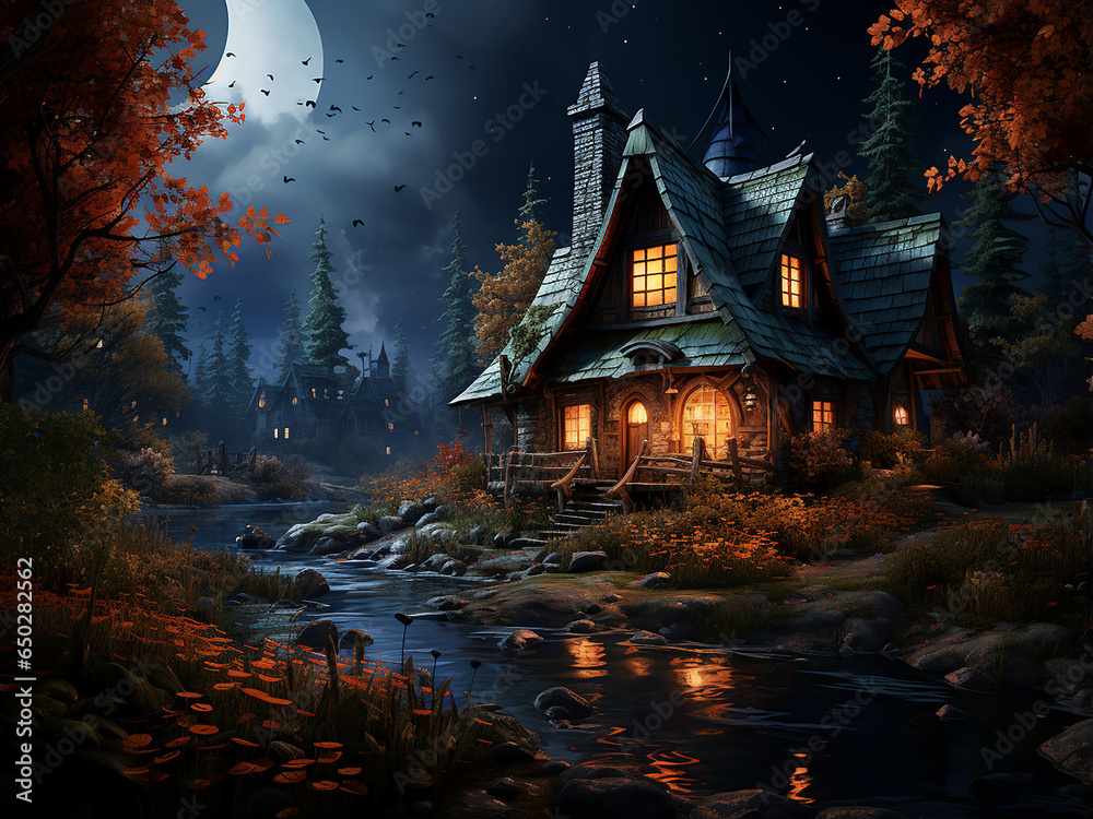 Rustic Halloween cabin for a festive celebration. AI Generation.