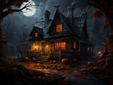 Eerie Halloween cabin in the moonlight. AI Generation.