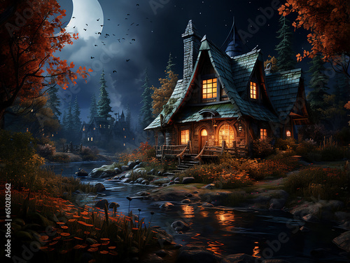 Rustic Halloween cabin for a festive celebration. AI Generation. © Llama-World-studio