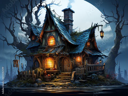 Unusual Halloween cabin with a touch of artistry. AI Generation.