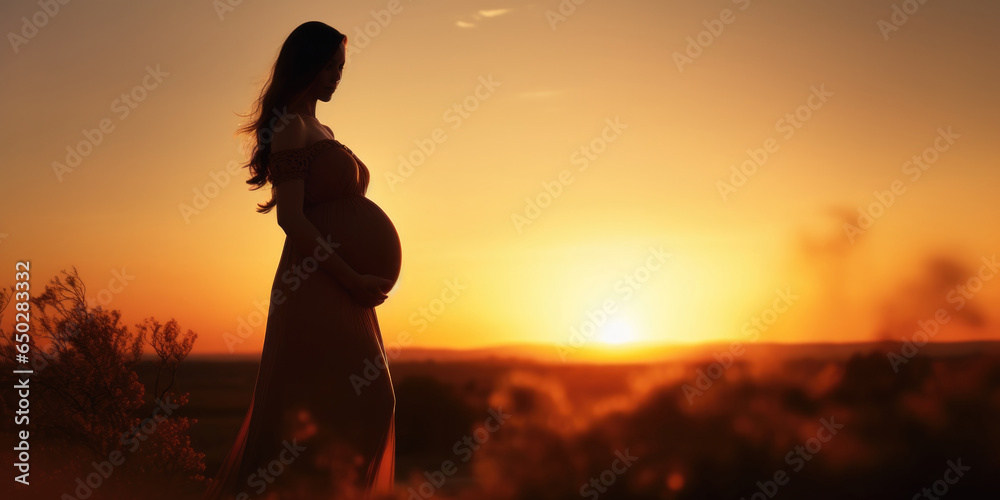 Pregnant woman in nature background. Silhouette of pregnant woman in