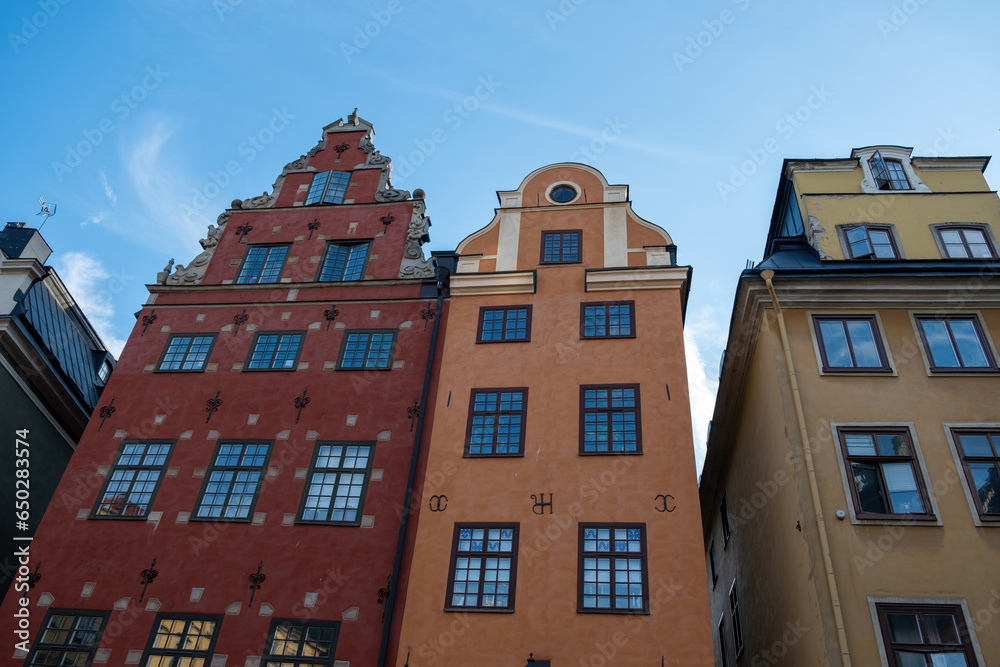 Fototapeta premium Stockholm Sweden, building at Stortorget Grand Square, Gamla Stan Old Town. Upper part, under view
