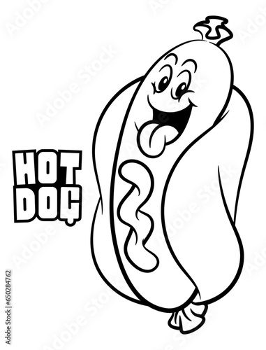 Funny Hot dog cartoon mascot character with lettering text. Best for outline, logo, and coloring book with street food and fast food restaurant themes for kids