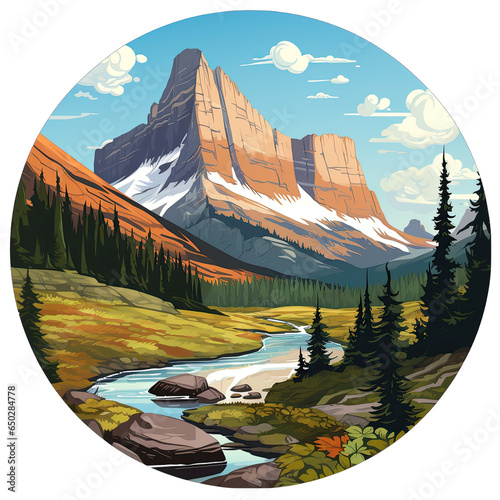 Logan Pass in Glacier National Park - National Park circular badge style illustration. Flat artwork style. US National Parks photo