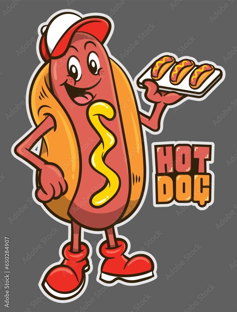 Funny Hot dog cartoon mascot character wearing a cap, and selling a