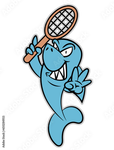Cartoon illustration of Funny Shark swinging tennis racket and get ready to smashing the ball. Best for sticker, logo, and mascot with summer tennis tournament themes for kids