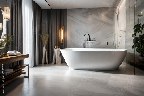 a rejuvenating bathroom oasis with a freestanding bathtub  natural stone tiles  and soothing ambient lighting  using a monochromatic palette of calming shades of gray. 