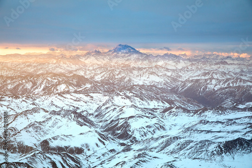 Andes range in winter time looking south with Aconcagua mountain in background