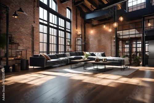 an open-concept loft with an industrial chic vibe, featuring brick walls and steel accents. 