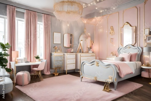 a trendy and chic teenager girl's room with a Parisian theme, featuring a color scheme of blush pink, soft gray, and elegant gold accents. 