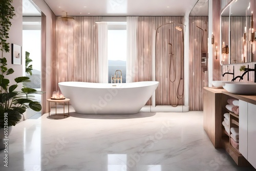 a spa-inspired bathroom with a freestanding bathtub, natural stone tiles, and soothing ambient lighting, incorporating a minimalist palette of pure white and pale blush pink. 