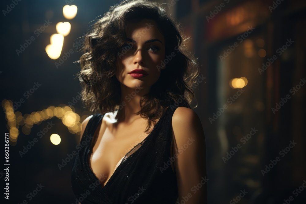 A mysterious and alluring woman in a dark alleyway, casting shadows and evoking classic film noir aesthetics. Generative Ai