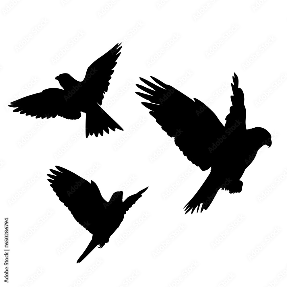 Naklejka premium silhouettes of a falcon. black icons of eagles. illustration of a flock of birds isolated on a white background.