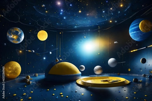 an imaginative space for kids with a space exploration theme  using a cosmic palette of deep blue  shimmering silver  and bright yellow accents. 