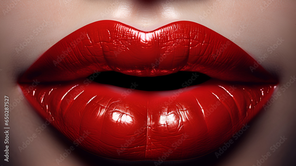 Close-up of woman's lips with bright red lipstick - obrazy, fototapety, plakaty 