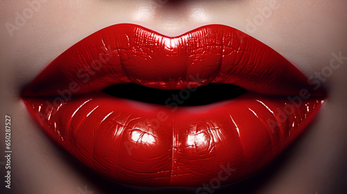 Close-up of woman's lips with bright red lipstick