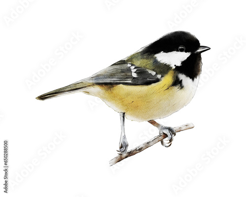 Hand-drawn watercolor coal tit illustration isolated on white background. Birds collection. Cole tit. Periparus ater