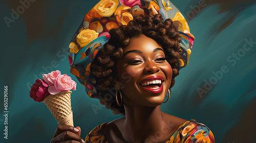 mulher africana com expressão sorridente com sorvete