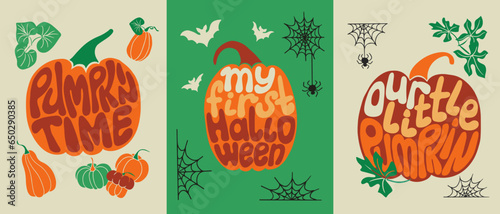 Retro halloween seasonal typographic posters set. Flat hand drawn holiday slogans in shapes of pumpkins. Trendy print design for posters, cards, tshirt, social media graphics