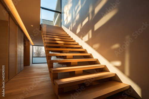 Wooden staircase to first floor inside contemporary house. Generative AI