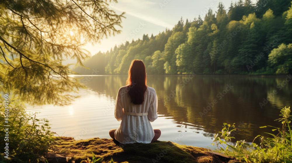 A serene scene of a woman practicing morning meditation by a tranquil lake, surrounded by nature, embracing mindfulness as part of her daily beauty regimen