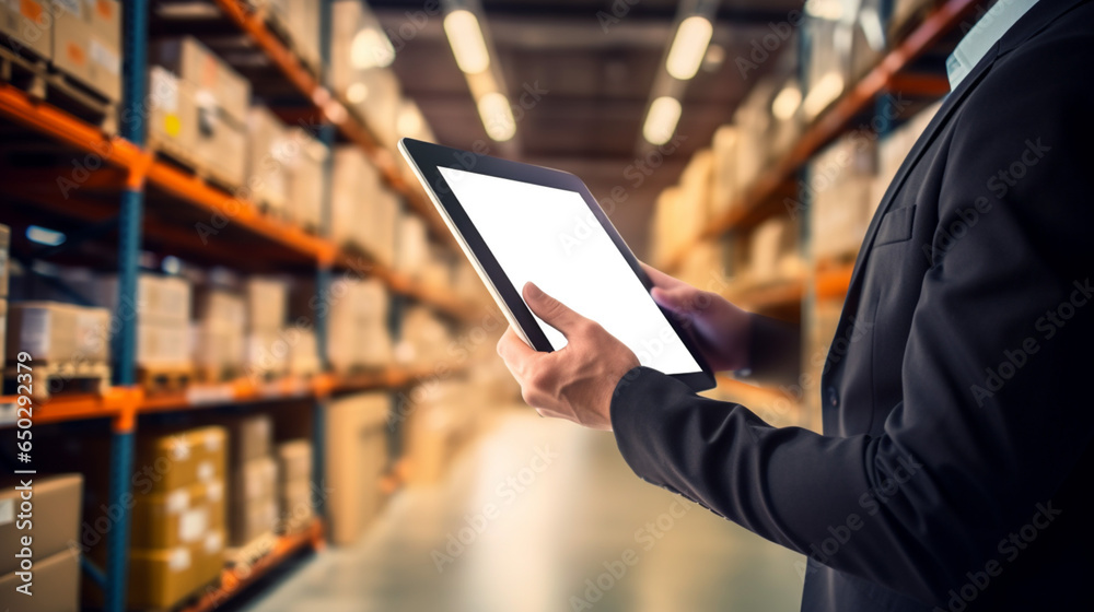  Portrait of manager holding clipboard in a warehouse. Industrial warehouse. Distribution, storage and coordination of delivery of goods. Banner.