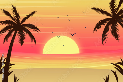 Fototapeta Naklejka Na Ścianę i Meble -  gradient sunset beach and palm silhouettes landscape summer background