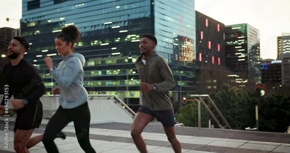 Fitness friends, running in city with cardio and exercise outdoor, support and wellness group with workout. People training for race, health and sports, urban and active with runner team together