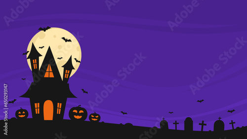 halloween haunted house flat vector illustration with cemetery, bats, pumpkin, and moon with scary atmosphere on purple background