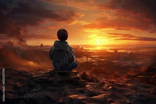 view back of child watching a beautiful sunset