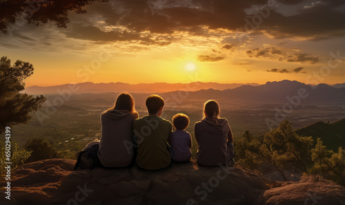 Parents and children contemplating beautiful landscape on a gazebo in the silhouette of the sunset. © Bnetto