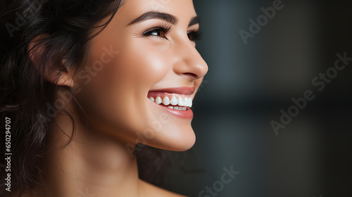 Close-up female mouth  beautiful teeth advertising banner background.