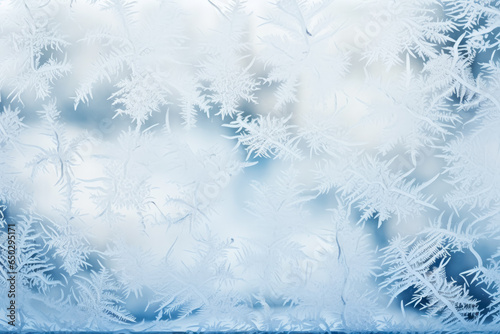 Elaborate frost patterns on winter windowpanes background with empty space for text 