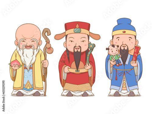 Cartoon character of  the three lucky gods in Chinese mythology. Fu Lu Shou.