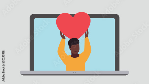 Laptop display with satisfied customer holding up a heart symbol