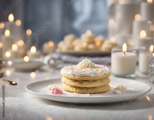 Frosted sugar cookies recipe photography candle blurred background