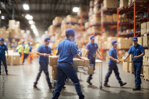 Blurred image of warehouse employees in action. ai generative photo