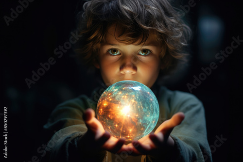 ein Junge hält eine leuchtende Kugel, Lampe auf seinen ausgestreckten Händen, a boy holds a luminous ball, lamp on his outstretched hands photo