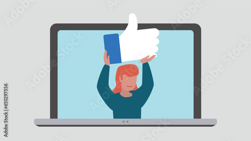 Laptop display with satisfied customer holding up a thumb up symbol