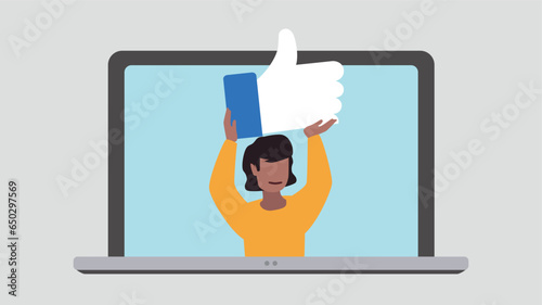 Laptop display with satisfied customer holding up a thumb up symbol