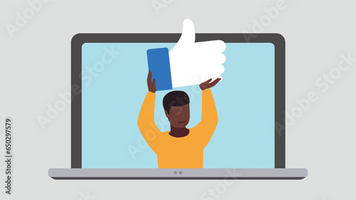 Laptop display with satisfied customer holding up a thumb up symbol