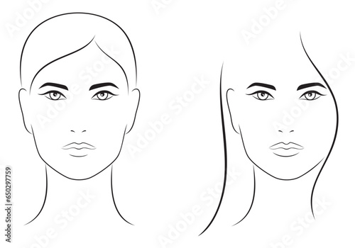 Vector illustration of abstract, outline fashion female faces, set of girls portrait, front view, isolated, on white background. 