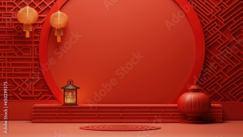 Inside the red colored Chinese hall and palace background for Chinese new year festival decoration. photo