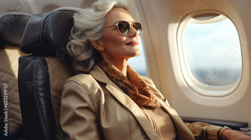 A senior business woman sitting comfortably in a window seat on a luxurious first class airplane. © best stock